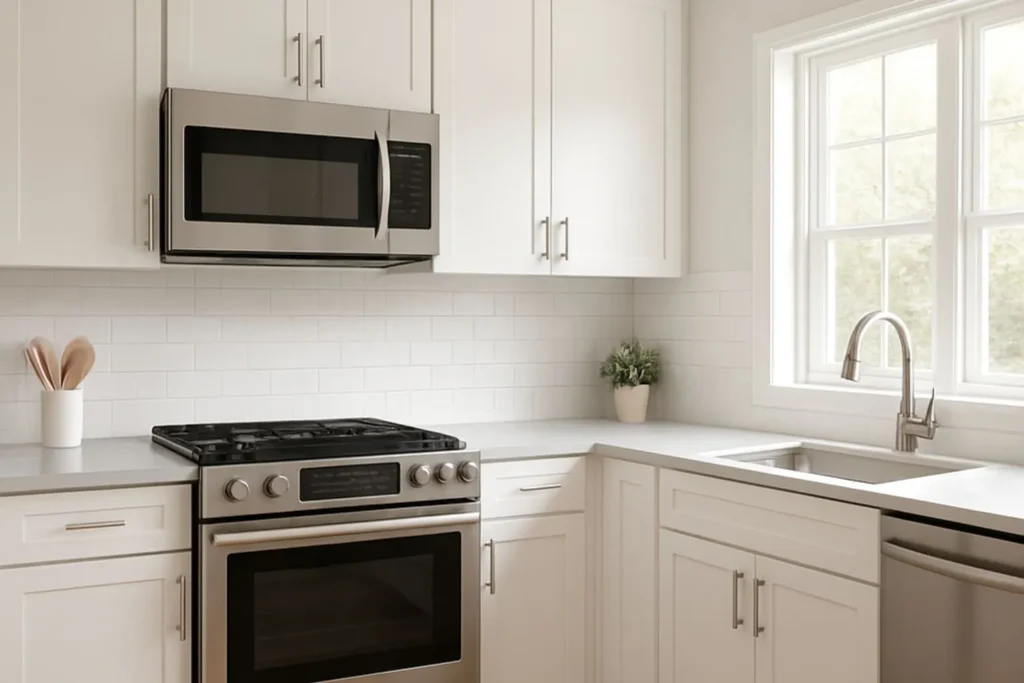 Bright modular kitchen by New Age Home Udaipur with white cabinets and modern fittings, designed using moisture-resistant materials for durable, low-maintenance interiors.