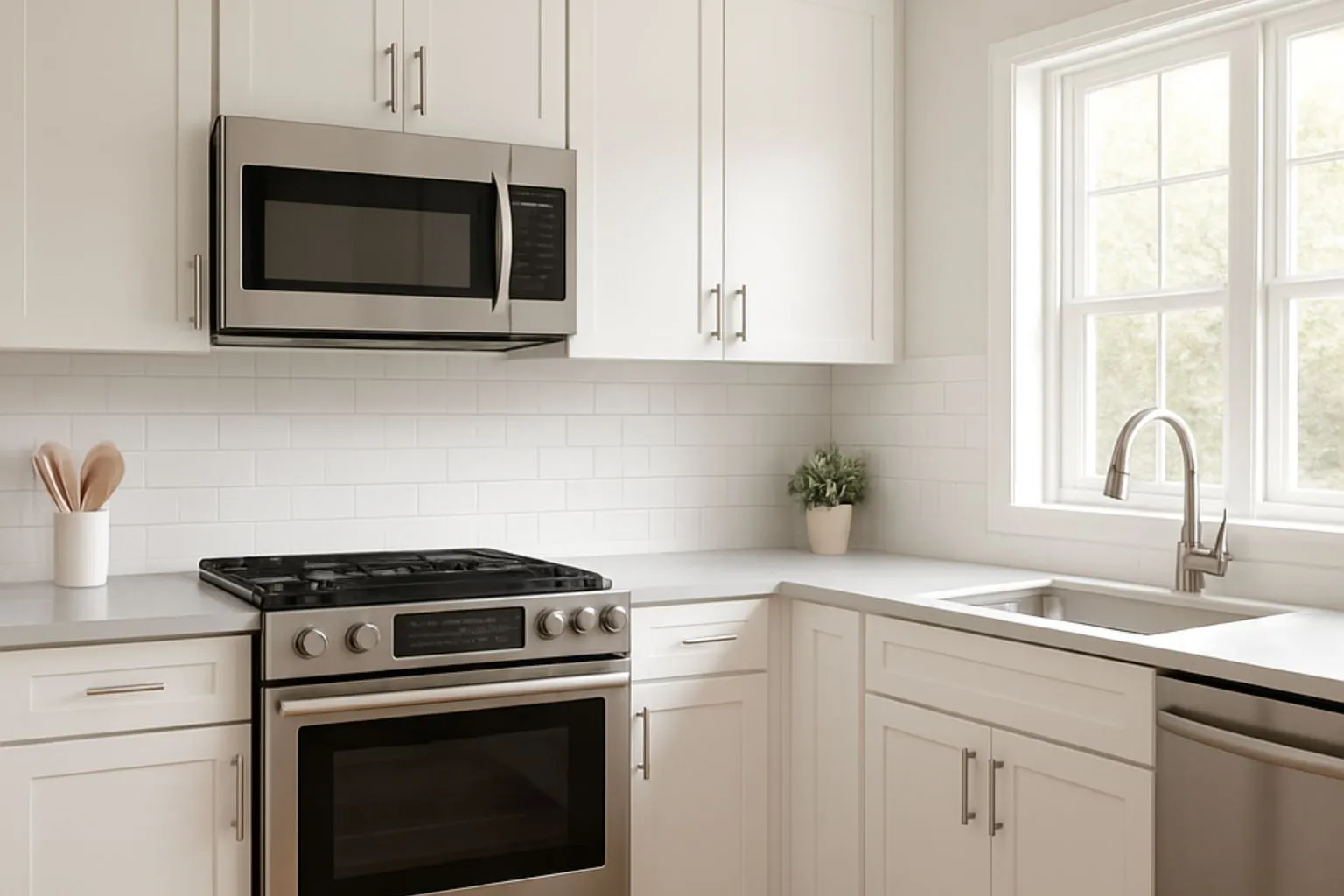 Bright modular kitchen by New Age Home Udaipur with white cabinets and modern fittings, designed using moisture-resistant materials for durable, low-maintenance interiors.