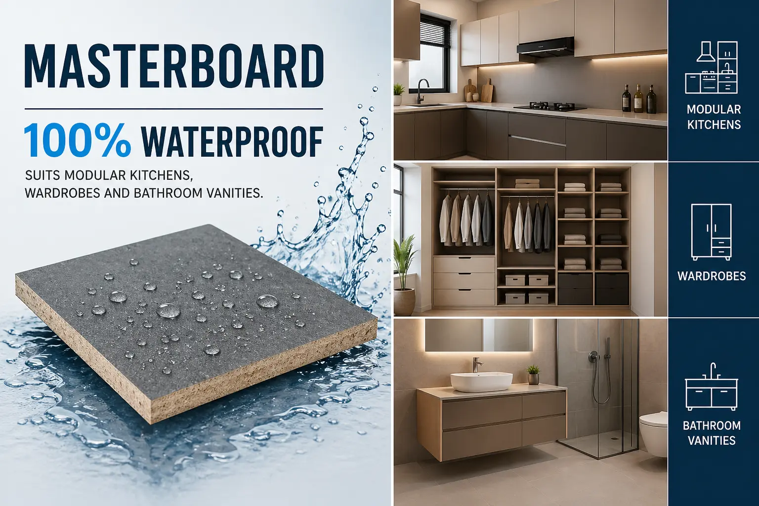 MASTERBOARD suits modular kitchens where steam is constant. It works well for wardrobes and bathroom vanities.