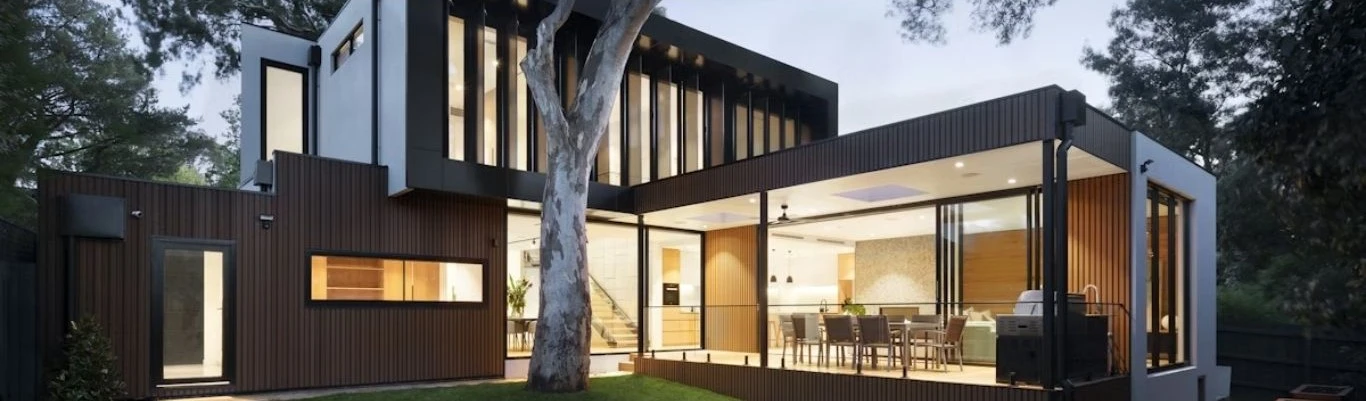 Modern architect-designed home with open interior design concept, featuring masterboard materials for durable, moisture-resistant modern construction.