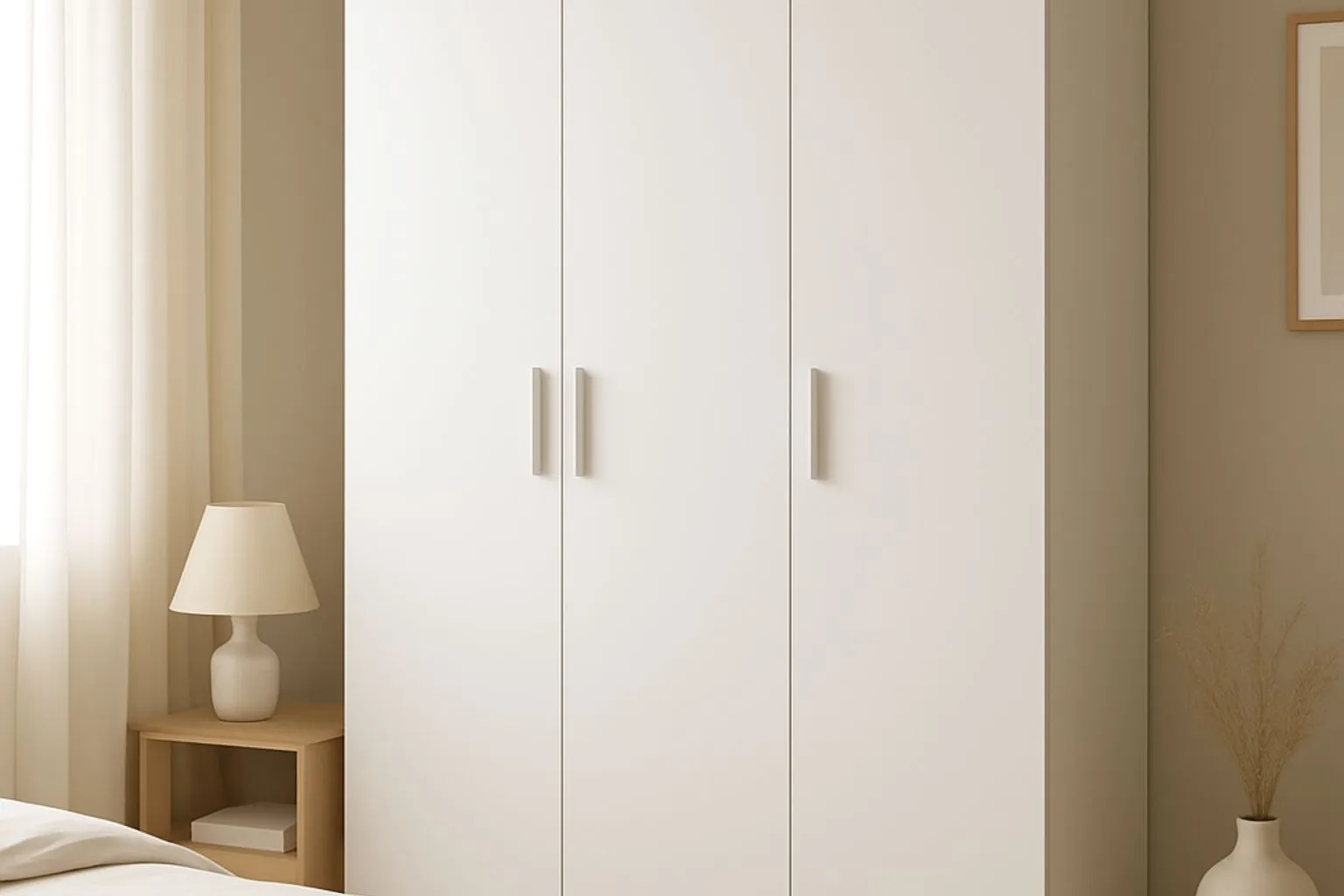 Modern bedroom wardrobe by New Age Home Udaipur with clean white panels and sturdy build, showcasing moisture-resistant material ideal for long-lasting storage solutions.
