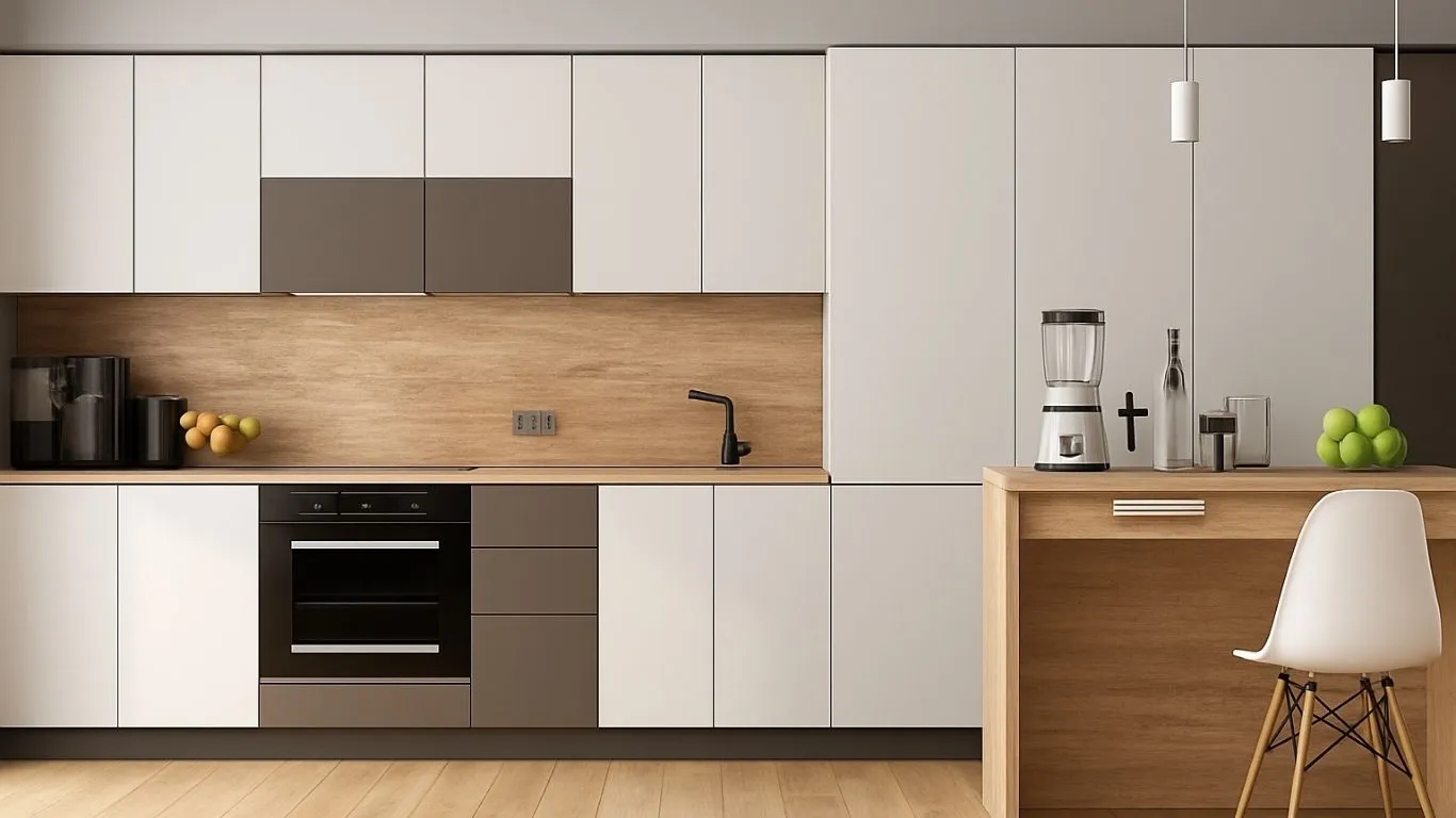 Modern minimalist kitchen by New Age Home Udaipur with sleek cabinets, wood finishes and built-in appliances, highlighting durable material choice for long-term value.