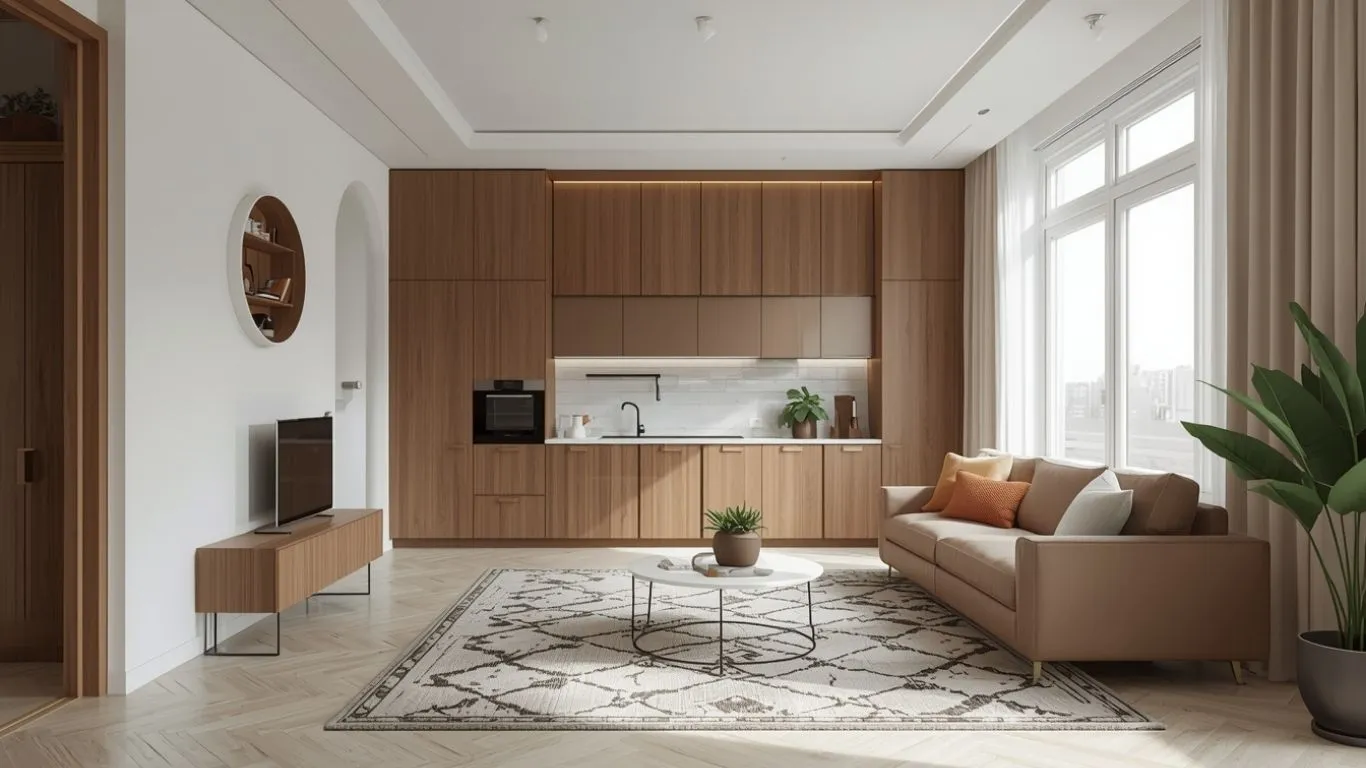 Modern open-plan living room with wooden modular kitchen, beige sofa, round coffee table, patterned rug, large windows and indoor plant in soft natural light.