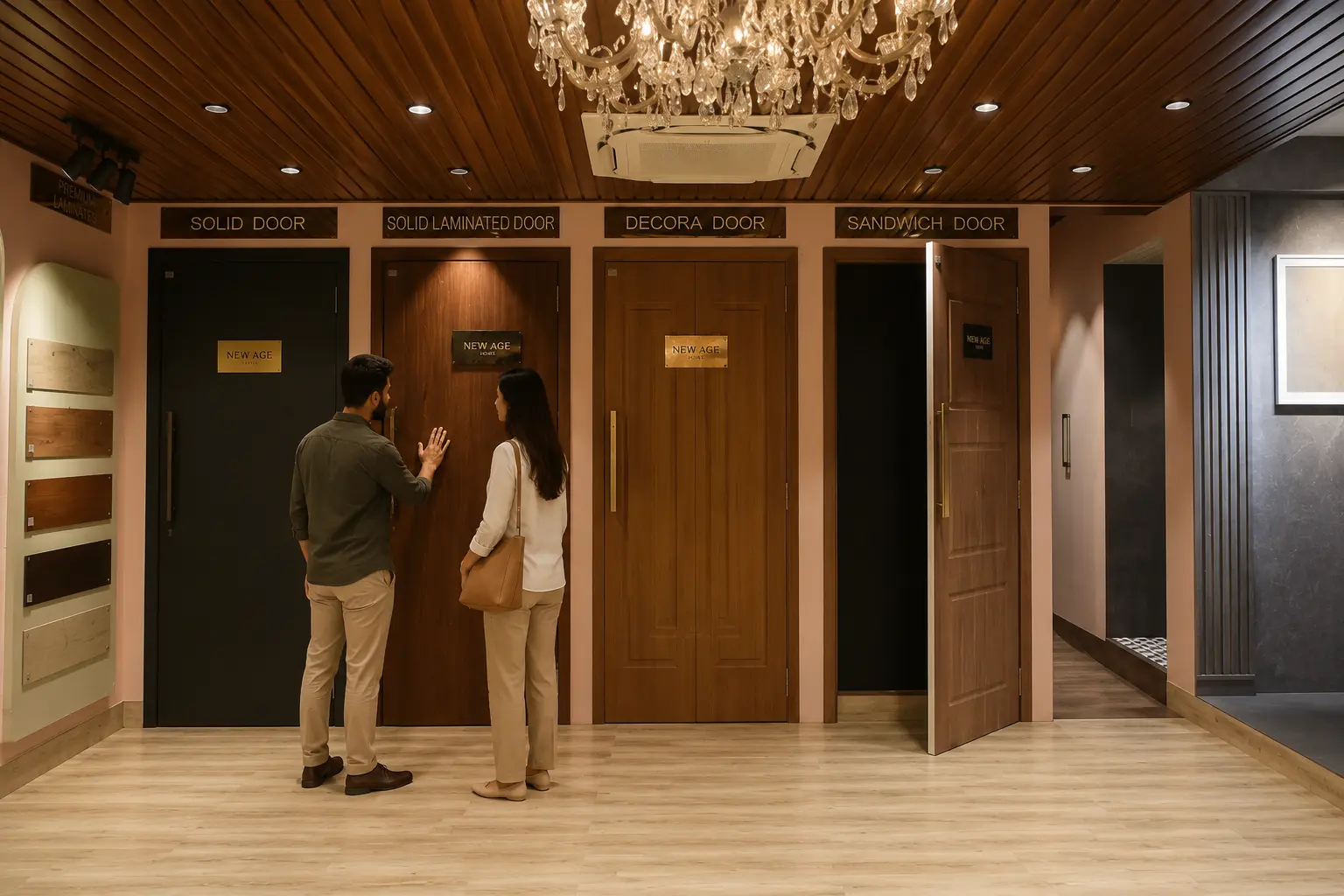 Customers selecting premium PVC and laminated doors in a New Age showroom featuring durable interior door designs