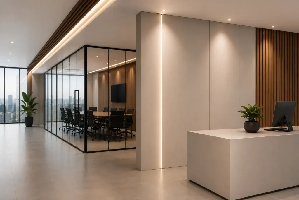 Modern commercial office interior featuring solid PVC board applications with elegant wall finishes, glass meeting room and reception area.