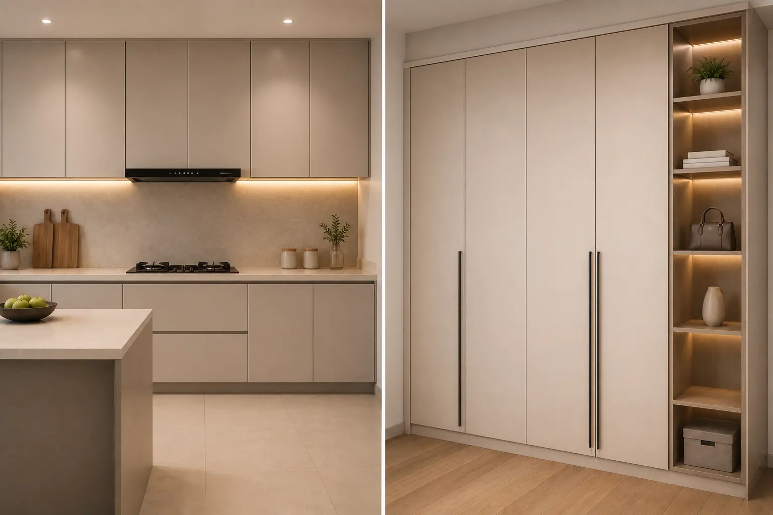 Modern residential kitchen and wardrobe design using solid PVC boards with seamless finish, minimalist storage and elegant interior styling.
