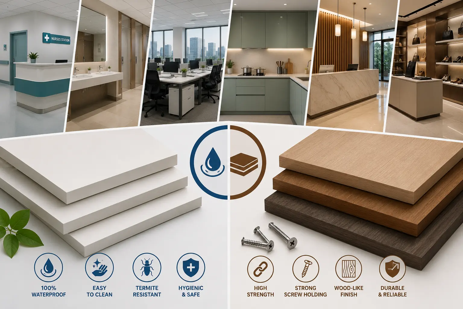 PVC and WPC solid boards for commercial interiors, showing waterproof PVC and durable wood-finish WPC applications in India.