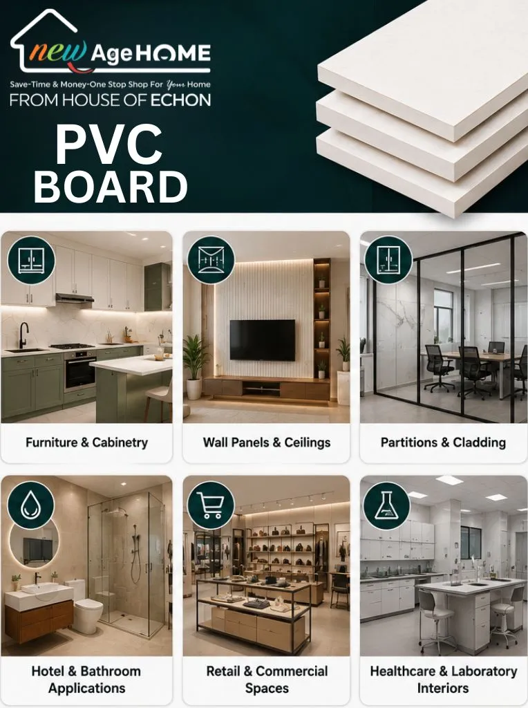 PVC board applications for modular kitchens, hotel bathrooms, retail interiors, partitions, and healthcare spaces by New Age Home.