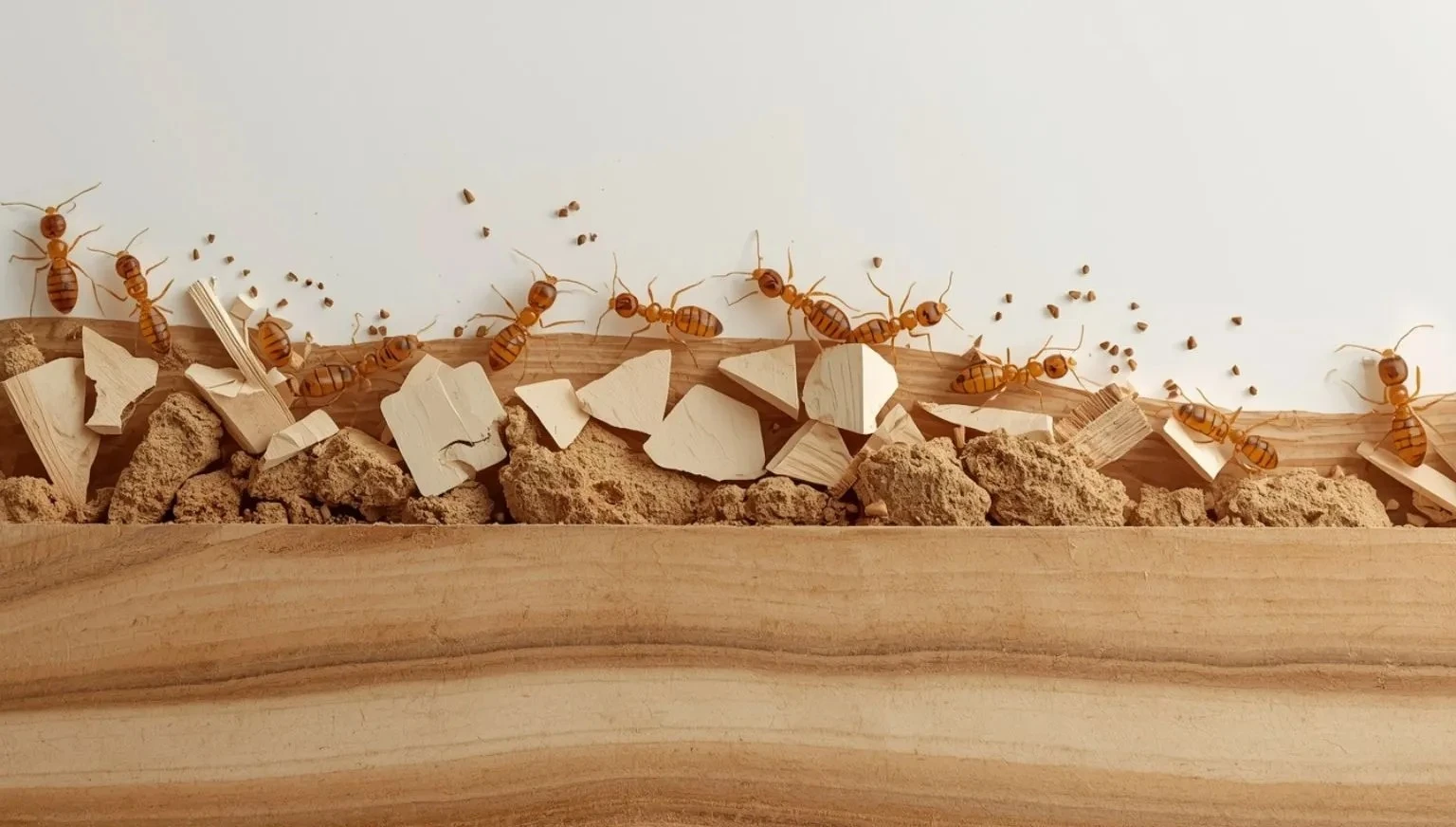 Termite damage in wood boards like plywood and MDF causing structural decay in commercial interiors and leading to costly repairs and maintenance issues