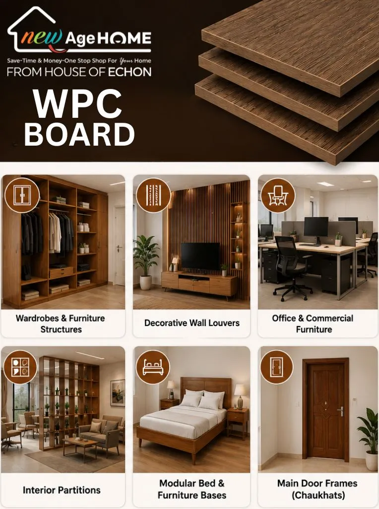 WPC board applications for wardrobes, wall louvers, office furniture, partitions, bed bases, and door frames by New Age Home.