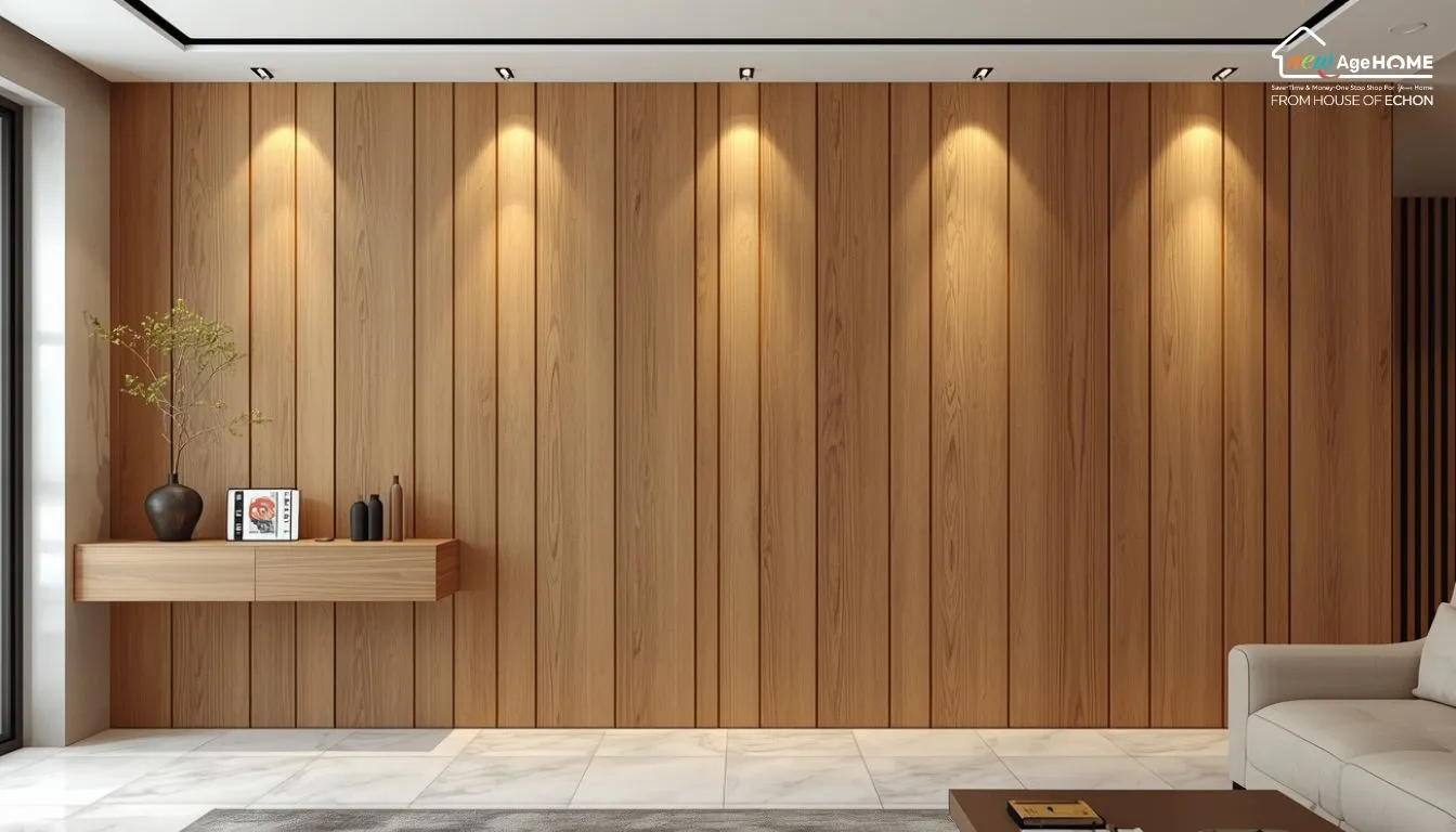 Modern interior wall with premium wood-finish PVC boards, offering smooth surfaces, durability, and easy installation for architects and builders in Rajasthan.