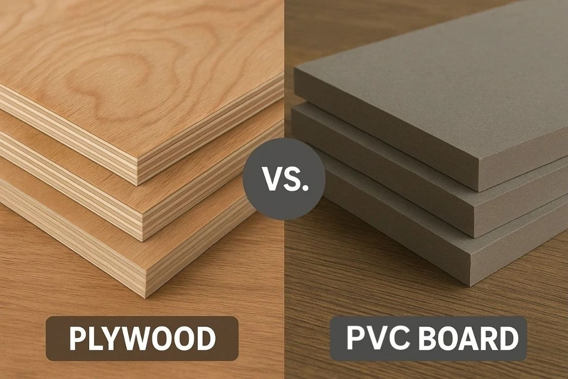 PVC Board vs Plywood comparison showing plywood sheets and waterproof PVC boards used for furniture, kitchens, wardrobes, and interior construction in India.